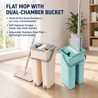 Serpillère plate avec seau à double compartiment pour lavage et séchage séparés, essoreuse intégrée, manche réglable en acier inoxydable, microfibre pour sols