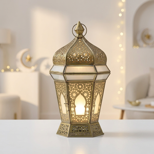 Décorations du Ramadan 2027, lanterne à bougie marocaine en métal antique en laiton avec verre givré - Product Image 2