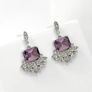 Vintage Art Deco Style Bridal Crown Halo Oval Cubic Zirconia Simulated Purple Amethyst Cluster Earrings