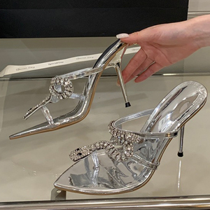 Sandalias de tacón alto y fino para mujer, con diamantes de imitación, correa de serpiente, zapatos de verano, mules de tacón de aguja con punta puntiaguda y pedrería completa. - Product Image 5