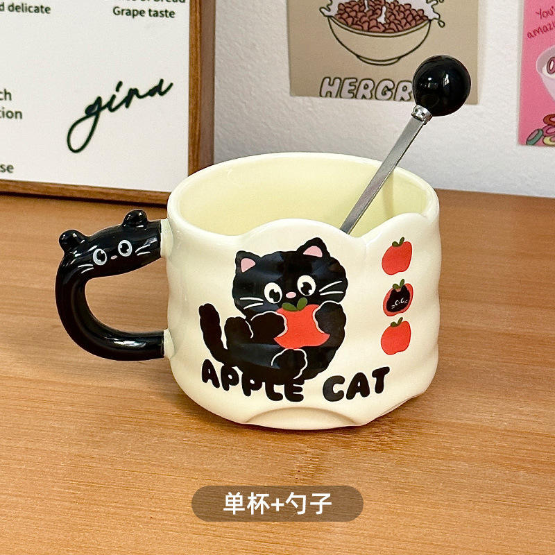 [ช้อนทรงกลม] แก้วลายแมวดำแบบซ้อนกันได้ - แอปเปิ้ล