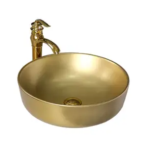 European royal luxury washroom wc golden color table top easy clean pottery sink bathroom square counter top above counter art b