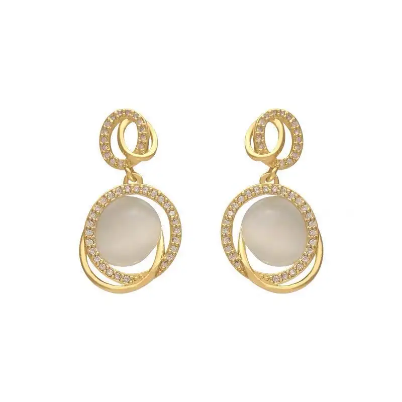 Fashionable S925 Post Crystal Cross Circle Opal Earring Gold Plated Rhinestone Round Opal Earring For Girls