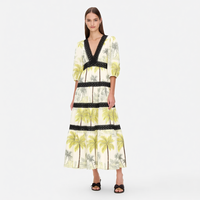 Robe midi personnalisée pour femme à imprimé feuille de palmier, col en V, manches bouffantes trois quarts, garniture en dentelle noire, à volants