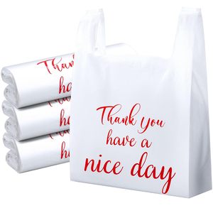 ถุงใส่เสื้อยืด ถุงพลาสติกแบบใช้ซ้ำได้และแบบใช้ครั้งเดียวสำหรับธุรกิจขนาดเล็ก ร้านขายของชำ (สีขาว, สีแดง) - Product Image 1