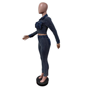 Fashion Splicing Gegolfde Zak Stretch Denim Jassen En Strakke Jeans Broek Casual 2 Delige Set Vrouwen Denim Outfits - Product Image 6