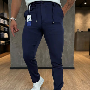 Men's Navy Blue Regular Fit <b>Waterproof</b> Stretch Cotton Hip Hop Pants Casual Smart Office Plus Size Flat Elastic Waist Zipper Fly - Product Image 3