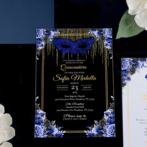 Xv Decoraciones Masquerade Royal Blue Tarjetas De Invitacin De 15 Aos Gold Print Acrílico Quinceanera Sweet 16 Tarjetas De Invitación - Product Image 1