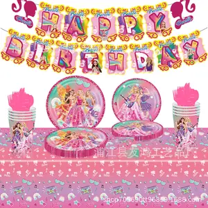 New Pink Birthday Theme Scene Decoration piatti di carta usa e getta tovaglia di carta velina Set di stoviglie per feste