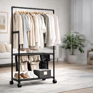 Minimalist Metal Clothing <b>Rack</b> With Wheels Three Layer Storage Holder For Living Room Standing Type Multifunctional Design - Product Image 3