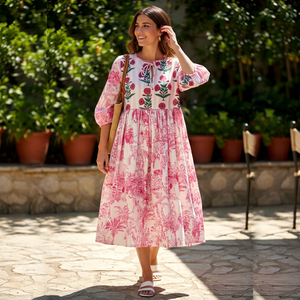 Robe longue d'été florale pour femme, décontractée, en coton imprimé, style bohème, pour les vacances à la plage, coupe ample, légère, tenue de vacances - Product Image 1
