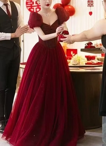 S0232Y 2026 Nuovo Abito da Sera/Festa da Donna Rosso Lungo fino al Pavimento, Linea ad A, in Tulle, con Maniche a Sbuffo e Scollo a Cuore - Product Image 2