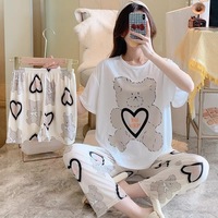 Conjunto de pijamas de tres piezas para mujer, pantalones cortos de manga corta, ropa de casa, ropa de dormir, Camiseta de cuello redondo, pijamas de dibujos animados de verano