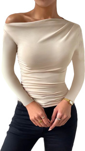 Tops y Camisetas para Mujer Ajustadas con Fruncido Drapeado Irregular y Hombro Descubierto - Product Image 2