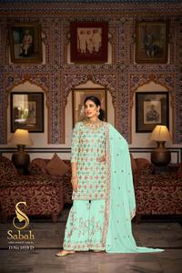 Costume Salwar Kameez semi-cousu de travail de broderie lourde avec costume de palazzo de style fantaisie d'Inde Exportation - Product Image 5