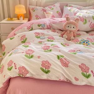 Màu hồng dâu tây <span class=keywords><strong>bedding</strong></span> Set mềm 3 _ 4Pcs tấm ga trải giường Hoa Duvet cover rửa bông Comforter bìa cho trẻ em trẻ em trang trí nội thất - Product Image 4
