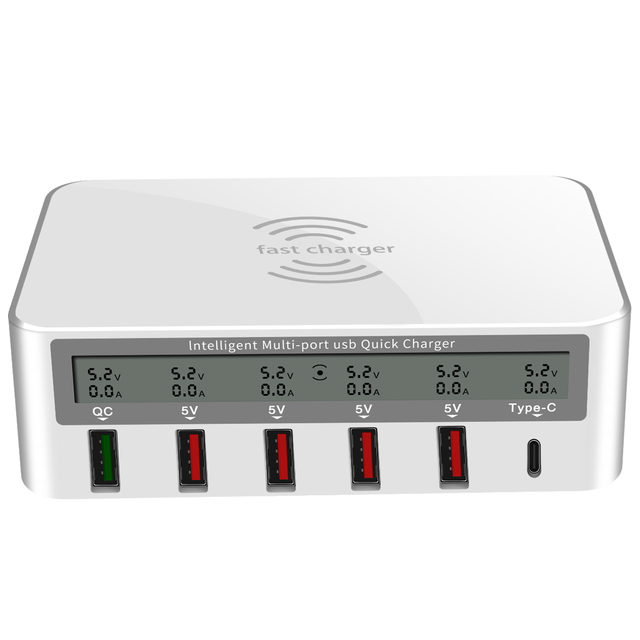 Wireless Charger Plug USB Hub Charging Docking Station Desktop Charger Travel Socket Adapter with LCD,Wireless Charging Station