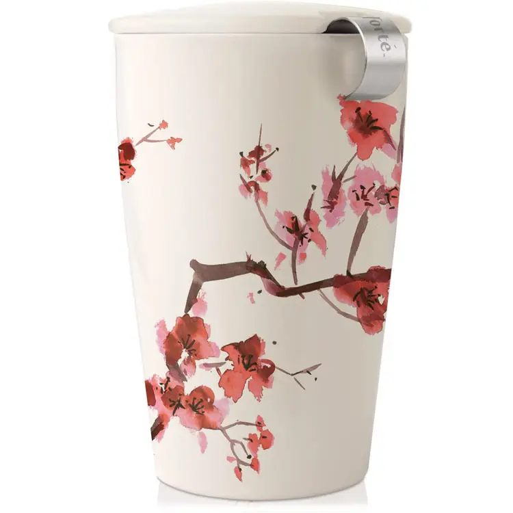 Taza de té de flores de cerezo, Infusor de té de cerámica de 12 OZ con cesta para infusiones y tapa para té de hojas sueltas escalonadas