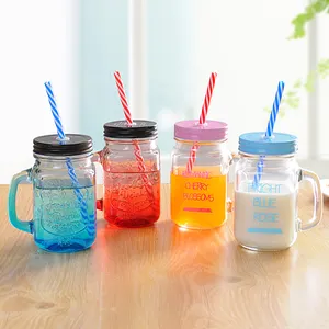 Empty manufacturer 480ml 17oz drinking ice cold drink glass mason jar with lid handle