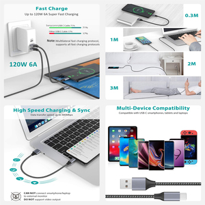 USBC dây nhà máy tùy chỉnh 120 W 6A nhanh chóng nhanh chóng sạc đa giao thức điện thoại di động 120 watt loại A đến <span class=keywords><strong>USB</strong></span> C Cáp 1 2 3 mét - Product Image 2