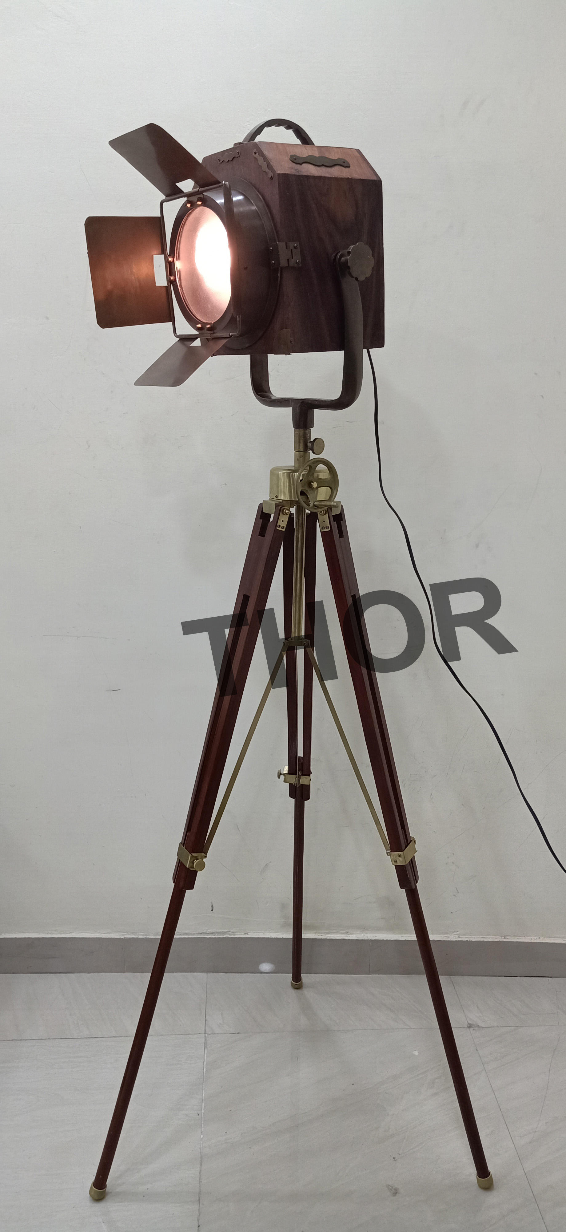 Hollywood Studio Spotlight Tripod Floor Lamp - 65 Inch Vintage Brown Office Decor