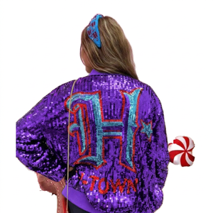 Women's <b>Sequin</b> Varsity <b>Jacket</b> With Letter H And Town Logo Back Glitter Print Full Sleeve Regular Fit Autumn Wear - Product Image 2