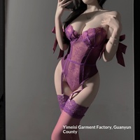 Ensemble de lingerie sexy en dentelle violette, style Teddy, tenue de nuit sans déshabillage, vêtements intimes séduisants et alléchant pour femmes, ODM Polyester