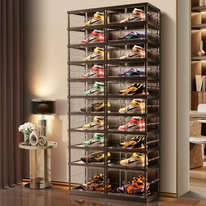 Meuble à chaussures rectangulaire pliable en plastique à double rangée, installation gratuite, design moderne, gain de place, grande capacité - Product Image 2