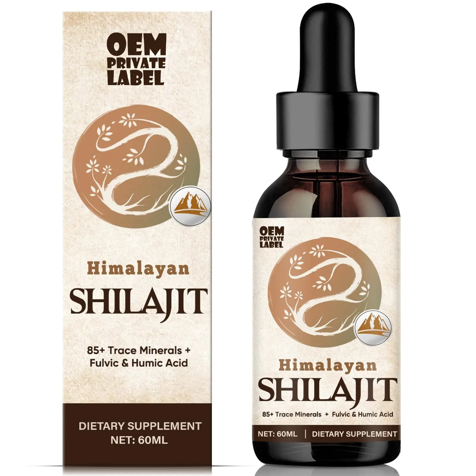 OEM organik Shilajit sıvı doğal iz mineraller ve Fulvic asit kompleksi özelleştirilmiş formülü himalaya shilajit sıvı damlalar