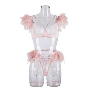 Un nuevo conjunto de <span class=keywords><strong>cuatro</strong></span> piezas de cadena de encaje de <span class=keywords><strong>plumas</strong></span> Sexy y de moda, cadena de retazos de encaje, ropa interior de tela de malla transparente Sexy - Product Image 6