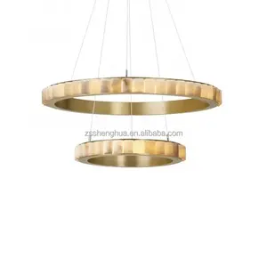 Retro Stijl 600Mm Diameter Ronde Marmeren Gouden Kroonluchter Luxe Afwerking Met Albasten Marmeren Schaduw Ringvorm Kroonluchter