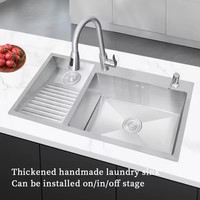 Évier de cuisine à cuve unique en acier inoxydable 304, grand format, fait main, avec deux trous, finition brossée épaissie, pour usage domestique et piscine