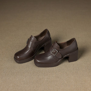 Simple Square-Toed Waterproof Genuine Leather Single <b>Shoe</b> Buckle Fashionable Retro Solid Color <b>Soft</b>-<b>Soled</b> Deep-Cut Design <b>Shoe</b> - Product Image 2