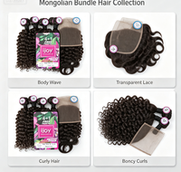 Lot de 4 mèches de cheveux synthétiques ondulés de style mongol avec perruque frontale en dentelle transparente, couleur naturelle, tissage en fibres mélangées
