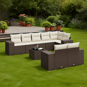 Ensemble de canapés de jardin modulaires en rotin PE brun, meubles d'extérieur confortables avec coussins en mousse haute densité - Product Image 2