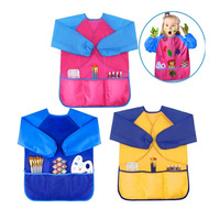Xinbowen avental infantil de manga longa impermeável, vestido com três bolsos para pintura e desenho, vestido de arte para crianças