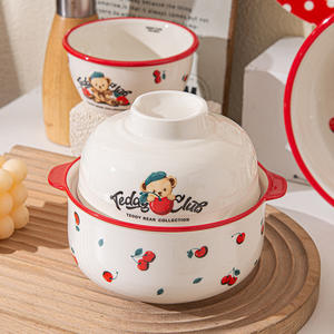 ชุดชามเซรามิคเท็ดดี้คลับพร้อมฝาปิดลายเชอร์รี่ 450 มล. สำหรับซุป บะหมี่ ใช้ในบ้าน ของขวัญ - Product Image 1