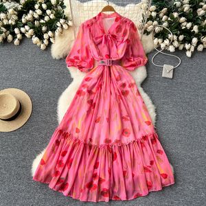 Vestido Túnica Largo Casual para Mujer con Cuello de Lazo Romano, Tejido Transpirable, Manga Abullonada, Estampado Digital, Volantes y Encaje - Product Image 2