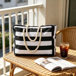 Custom Striped <b>Beach</b> <b>Bag</b> <b>Large</b> Capacity Shoulder Tote with Multi Pockets for Travel Pool Outdoor Wholesale - Product Image 1