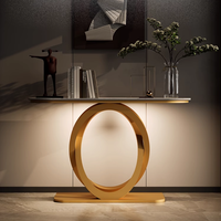 Table console d'entrée moderne avec plateau en marbre et base en métal à double cercle artistique BTCT005 pour la maison ou le bureau