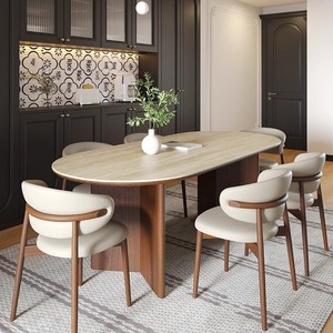 French Modern Design High-End Dining <strong>Table</strong> with Mid-<strong>Antique</strong> <strong>Oval</strong> Travertine Slate Bamboo Chair Solid Wood Home Furniture