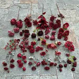 נמוך מחיר משי אדום פרחים מלאכותי סידורי חתונת קישוט כלה זר עלה לקיר קישוט