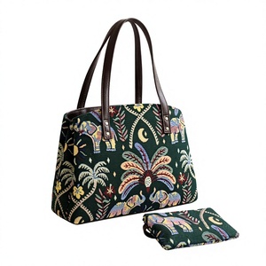 Hand Painted Elephant Jacquard Canvas Fashion <b>Tote</b> <b>Bag</b> with <b>Zipper</b> Shoulder Strap and Pouch for Summer Shopping Travel - Product Image 1