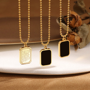 Collana con Amuleto Rettangolare Personalizzabile, <span class=keywords><strong>Catena</strong></span> con Perline Confortevoli, Ciondolo Nero in Acciaio Inossidabile Placcato Oro 18K PVD - Product Image 1