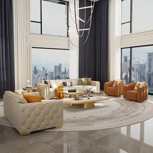 2023 Italian Classic Luxury Living Room Furniture Set 123 Sectional Sofas Genuine Leather Wood European Design Style