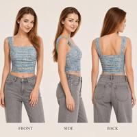 Haut court froncé en maille florale respirante style vintage pour femme, idéal pour l'été et le style urbain quotidien – Offre assortiment de couleurs variées, directement de l'usine