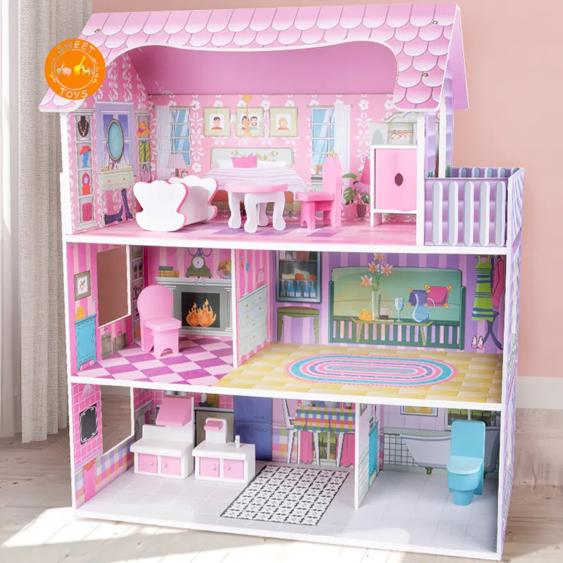 2022 New Furniture wooden toys Petend Play Game pink girls toys diy doll house wooden doll house