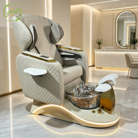 Fauteuil de pédicure spa de luxe avec massage électrique, fauteuil de pédicure en cuir beige pour salon, avec bol en verre et lumière LED