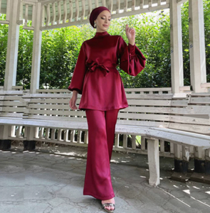 Silk Satin Muslim <b>Women</b> <b>Abaya</b> Set Two Piece Blouse and Pant Solid Color Modest Dress Outfit Spring - Product Image 3