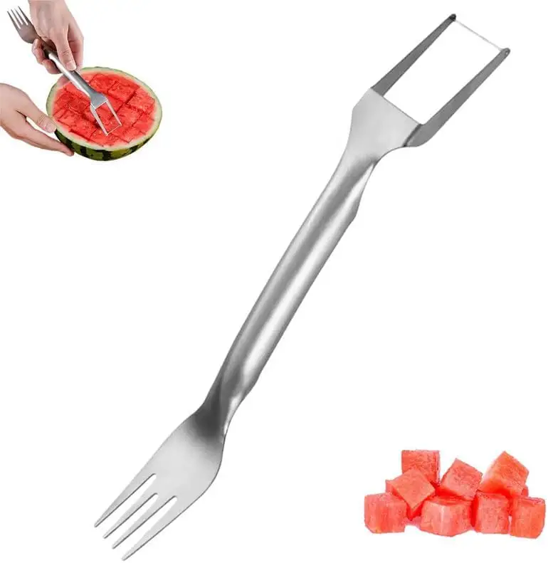 2024 nuevo cortador de tenedor de sandía, herramienta rebanadora, tenedores de frutas, cuchillo rebanador, utensilio de cocina, cortador de frutas de acero inoxidable 2 en 1